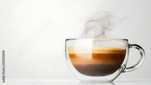 A transparent glass cup filled with rich espresso, with steam rising delicately against a pristine white background.
