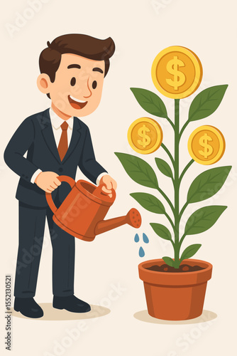Businessman watering a money plant, a metaphor for financial growth, investment, and profit. Vector cartoon illustration of a man nurturing capital for a lucrative return and wealth.