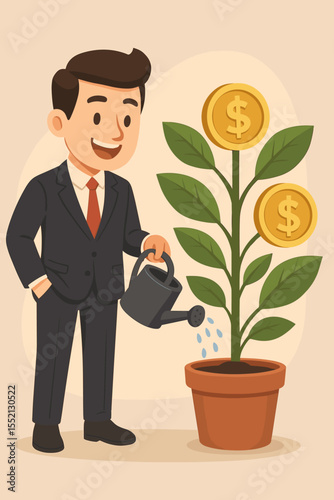Businessman watering money tree, a concept for financial growth and lucrative investment returns. Cartoon vector of a manager nurturing capital for profit, wealth, and success.
