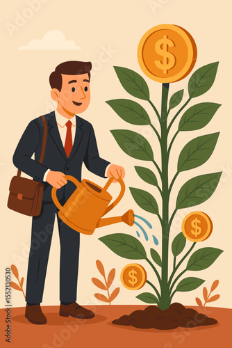 Investment growth concept. Businessman nurturing a money plant with a watering can. Finance success, profit and revenue. Investor growing capital. Return on Investment ROI metaphor.