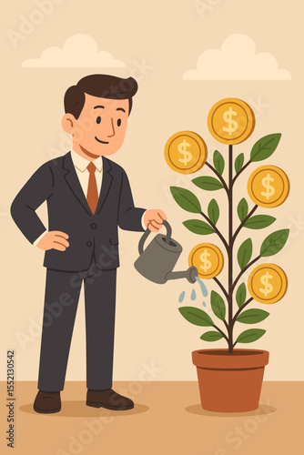 Investment growth concept with a businessman watering a money tree. Financial success, wealth accumulation, and savings metaphor. Nurturing capital for profit and return on investment.