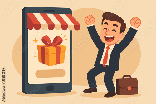 Happy businessman celebrating online reward, winning gift box on smartphone, e-commerce loyalty program, customer satisfaction, digital marketing, cartoon vector illustration, business success concept