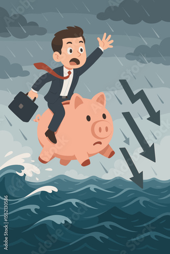 Businessman riding piggy bank through stormy ocean waves, financial crisis concept, economic downturn, stock market crash, turbulent investment risk, adversity, saving money illustration