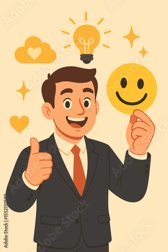Businessman cartoon in suit holding smiley face emoticon, showing thumbs up, promoting positivity, motivation, mental health, creative thinking, happiness, success, workplace encouragement vector