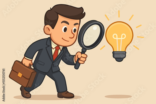 Cartoon businessman in suit holding magnifying glass and briefcase analyzing glowing light bulb idea. Business concept of idea discovery, entrepreneurship, innovation, creative thinking, and solution