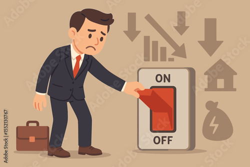Businessman turning off large switch symbolizing business closure, financial crisis, economic downturn, risk management, bankruptcy, market loss, investment failure, cartoon vector illustration