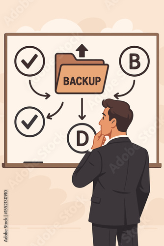 Businessman Choosing Backup Plan Strategy, Evaluating Options A B C D, Contingency Planning, Strategic Decision Process, Risk Management, Data Security, Office Meeting, Vector Illustration