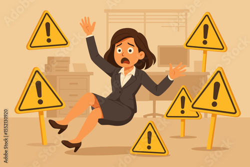 Stressed businesswoman falling among warning signs in office workspace. Career crisis, job failure, workplace danger, risk management, stress, burnout, corporate accident vector illustration