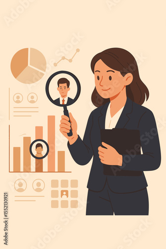 Businesswoman analyzing recruitment data with magnifying glass, candidate selection and job search process, HR analytics, human resources, business statistics and hiring management concept vector