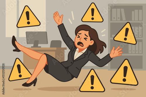Businesswoman falling in office surrounded by warning signs, hazard concept, workplace accident risk, danger, caution, failure, stress, crisis, business trouble, vector illustration
