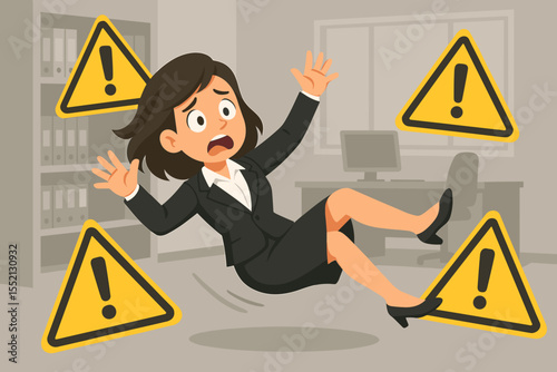 Businesswoman falling surrounded by warning signs, office accident, workplace injury risk, stress crisis, failure, danger caution concept, corporate woman hazard, occupational safety cartoon vector