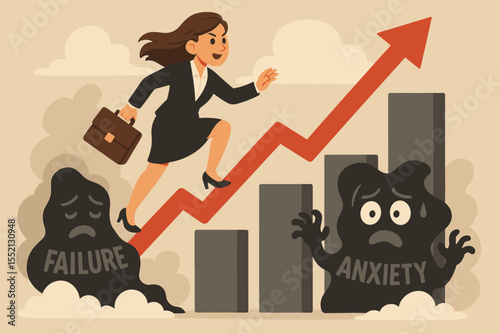 Confident businesswoman overcoming failure and anxiety, conquering obstacles and career stress, rising to success, professional growth, motivation, achievement, ambition, vector illustration