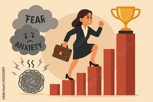 Confident businesswoman overcoming fear, anxiety, and stress to achieve career success, climbing growth chart bars towards trophy, empowerment, leadership, motivation. Vector illustration