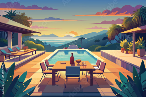A tranquil beach cafe with chairs and tables offers a stunning sea view under the summer sky, perfect for morning relaxation or a tropical travel holiday