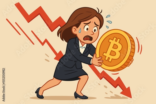Businesswoman Struggling with Falling Bitcoin Value. Cryptocurrency Crash Concept. Female Executive Holds Bitcoin as Price Declines. Downward Graph Trend. Financial Crisis Vector Illustration