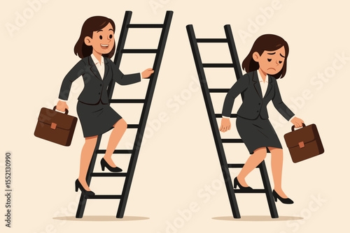 Ambitious businesswoman climbing and descending ladder metaphor, concept of career progress, setbacks, success, failure, challenge, professional journey, opportunity, growth, ambition, determination