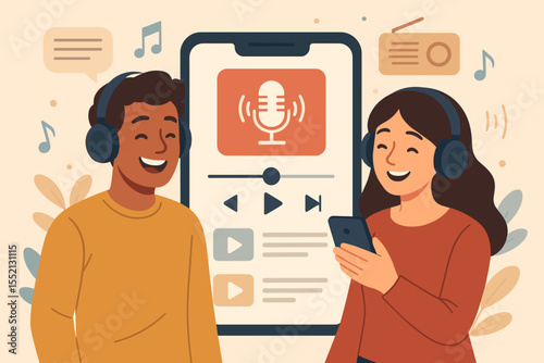 Diverse couple listening to podcast on smartphone app, enjoying online radio, streaming audio content, internet music concept. Vector cartoon illustration of digital media, headphones, mobile devices