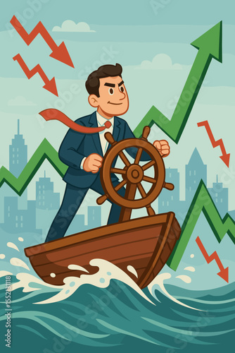 Business Leader Navigating Economic Uncertainty Steering Ship in Volatile Financial Market Waves, Growth and Decline Arrows, Leadership Risk Management Concept City Skyline Vector Illustration