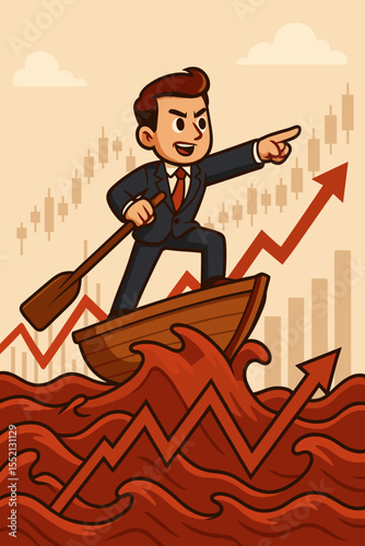 Businessman Navigating Volatile Stock Market in Rowboat, Overcoming Financial Crisis, Rising Profits, Leadership, Investment Success Concept, Cartoon Vector Illustration, Economic Growth, Finance