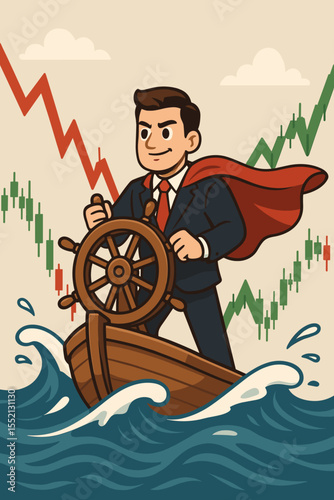 Business Leader Steering Ship in Turbulent Financial Markets, Stock Market Volatility, Success, Risk Management, Leadership, Investment Strategy, Cartoon Vector Concept Illustration