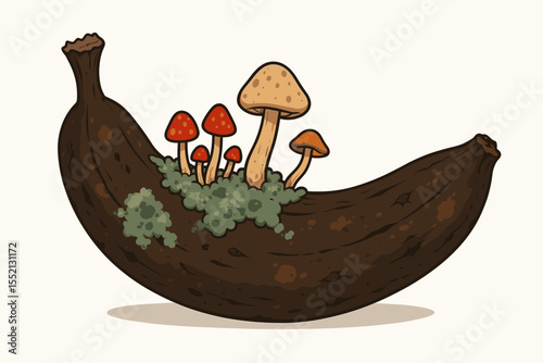 Rotten banana with mushrooms and mold growth. Spoiled fruit decay, fungi infestation, overripe banana illustration. Decomposition, composting, food waste concept. Vector cartoon on white background