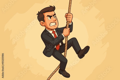 Determined businessman climbing rope vector, concept of ambition, perseverance, overcoming challenge, success effort, career progress, leadership, motivation, cartoon illustration isolated