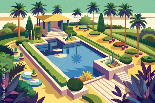 Tropical resort swimming pool with palm trees, umbrellas, and clear blue water for a relaxing summer vacation