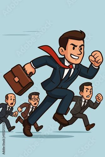 Ambitious business leader running ahead of competitors in dynamic corporate race, team in suits, briefcase, red tie, motivation, concept of success, leadership, ambition, teamwork, competition