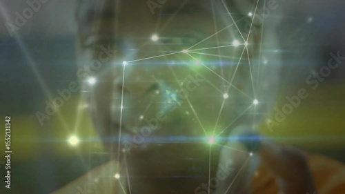 Lab scientist moving capsule toward lens for pharma demo while glowing network overlay pulsing