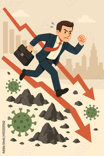 Businessman running with briefcase over downward graph, economic recession, financial crisis, global pandemic, virus outbreak, stock market crash, obstacles, stress, survival, urban city background