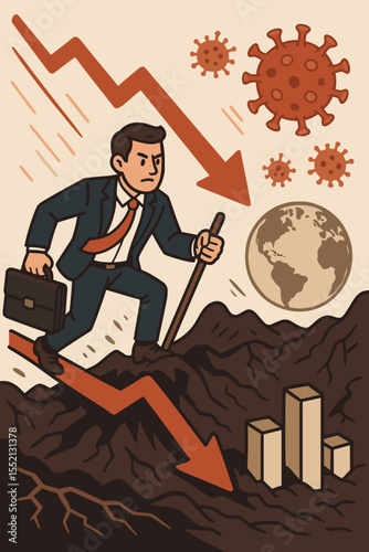 Businessman Overcoming Economic Crisis During Global Pandemic. Downward Arrow, Financial Recession, Covid-19 Virus Impact, Market Crash, Leadership, Perseverance, Worldwide Economy Challenge Concept