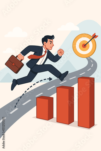 Ambitious businessman jumping over bar chart obstacles on road to target. Career growth, business success, motivation, leadership, achieving goals, determination, achievement concept vector