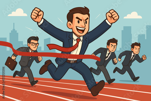 Ambitious businessman crossing finish line, winning race, achieving business success, leadership, competition, determination, motivation, career growth, teamwork, urban background, vector cartoon