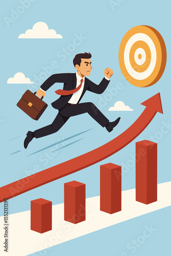 Ambitious businessman jumping over growth chart bars with briefcase, business success target achievement, overcoming obstacles, striving for goals, motivation, leadership vector illustration