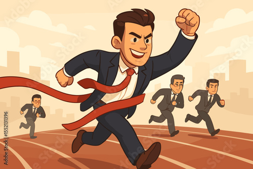 Ambitious businessman crossing finish line winning race competition, success achievement, leadership, business strategy concept, professional determination, teamwork, vector cartoon illustration
