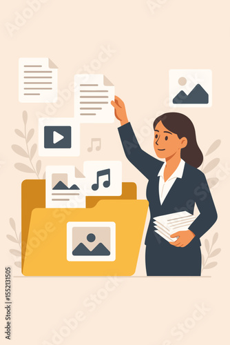 Businesswoman organizing digital files documents multimedia content. Office worker manages folders images music video icons. Data management, workflow organization, digital archive, paperwork