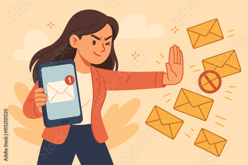 Woman Blocking Spam Emails Cartoon. Email Security Concept. Smartphone Notification. Protecting Mobile Device from Unwanted Messages. Digital Communication Safety Vector Illustration