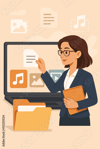 Businesswoman organizing digital files, managing documents and multimedia content, computer file folders, online management, office workflow, productivity, digital organization, vector illustration
