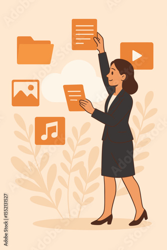 Businesswoman organizing digital files documents images music and video media in cloud storage. Office worker managing multimedia content. Data management technology concept illustration vector.