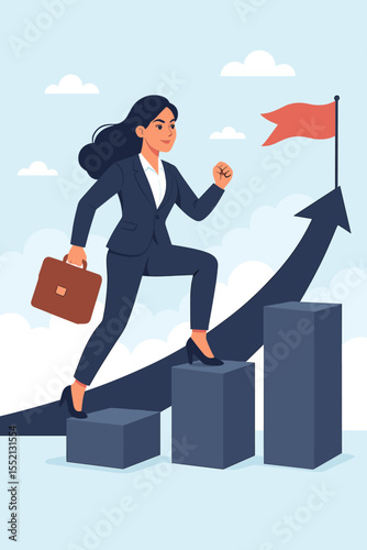 Ambitious businesswoman climbing career steps to success, professional growth, leadership, overcoming challenges, empowerment, goal achievement, motivation, vector illustration