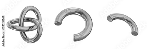 3D Chrome Metallic Abstract Shape Objects, 3d rendering steel gradient shape design element, futuristic, shiny design