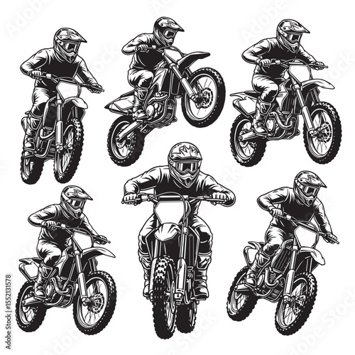 Vintage monochrome motocross riders collection extreme sport and motorcycle adventure
