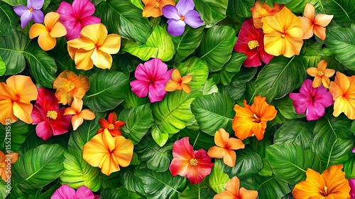 A vibrant tropical floral pattern with lush green leaves and bright exotic flowers.