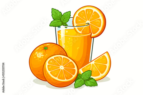 Refreshing orange juice glass with whole and sliced citrus fruits, mint leaves, summer drink concept, healthy vitamin C beverage, fresh juice illustration on white background, vector cartoon