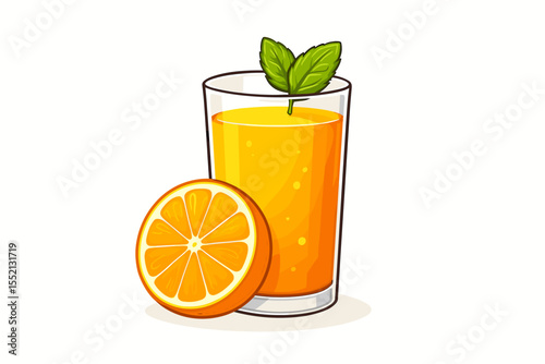 Refreshing Glass of Freshly Squeezed Orange Juice with Mint Leaves, Sliced Citrus Fruit, Healthy Beverage Illustration, Minimal White Background, Vitamin C Drink Concept Vector
