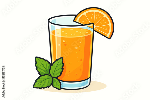 Refreshing orange juice in glass with mint leaves and orange slice, vibrant cartoon vector, healthy summer drink, citrus beverage, minimal white background, fresh tropical illustration