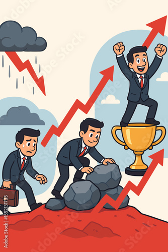 Businessman Overcomes Failure and Obstacles to Achieve Success, Perseverance Climbing Progress, Growth, Ambition, Motivation, Trophy Victory, Cartoon Vector Illustration, Career Success Concept