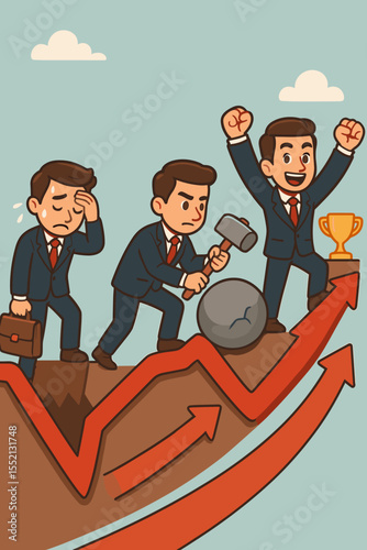 Businessman Overcoming Obstacles to Success. Perseverance, Motivation, Career Growth, Achievement. Cartoon Vector of Office Worker Climbing, Hammering Through Setbacks, Reaching Goals, Winning Trophy.