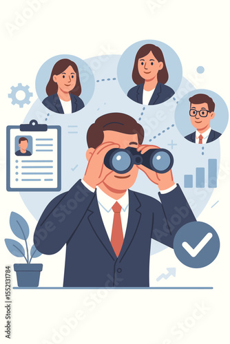 HR manager searching for job candidates with binoculars, recruitment process, talent acquisition strategy, human resources selection, corporate hiring, business team choice, vector illustration
