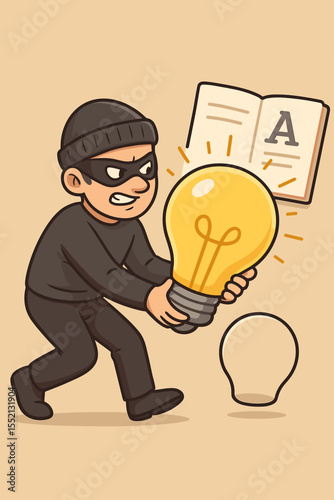 Intellectual property theft and plagiarism concept. Cartoon thief stealing glowing light bulb idea, stealing innovation, creativity, knowledge, copyright infringement metaphor vector illustration